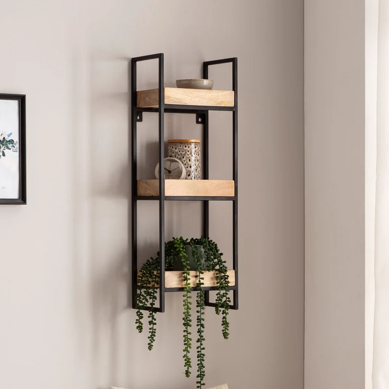 Wandregal 27x77x18cm Mango Massivholz Metall Industrial 3 Ablagen