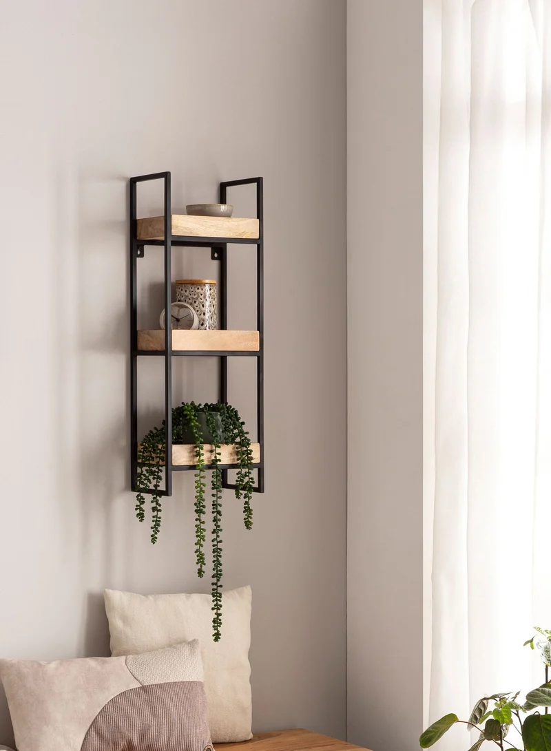 Wandregal 27x77x18cm Mango Massivholz Metall Industrial 3 Ablagen