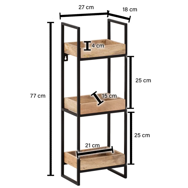 Wandregal 27x77x18cm Mango Massivholz Metall Industrial 3 Ablagen