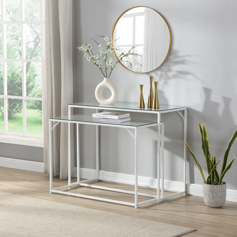 Konsolentisch Set im Industrial Design: 2er-Set in Weiß mit Glasplatte