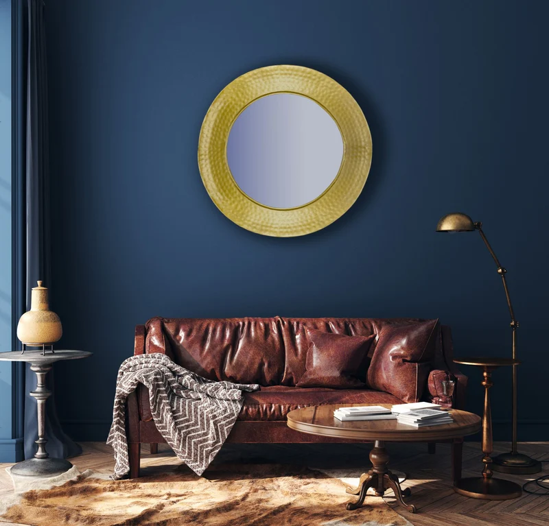 Wandspiegel Rund Gold 60 cm mit Hammerschlag-Rahmen, Flurspiegel Eisen