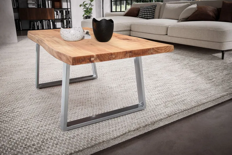 Couchtisch Akazie Massivholz 120x60x46 cm, Baumkante mit Chromgestell