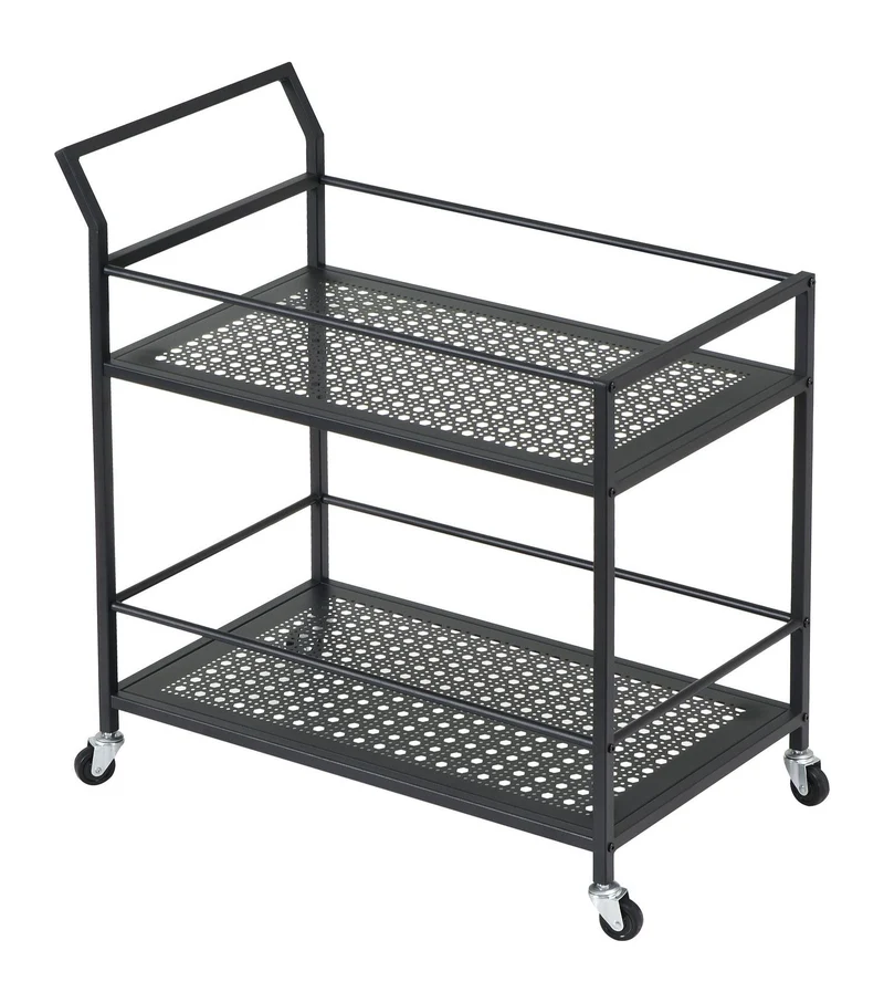 Servierwagen aus Metall in Schwarz mit Rollen & Bremsen, 2 Ebenen