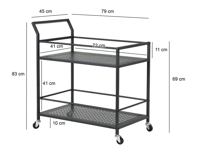 Servierwagen aus Metall in Schwarz mit Rollen & Bremsen, 2 Ebenen