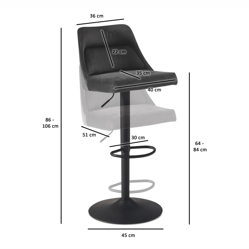 Barhocker Samt Grau höhenverstellbar 86-106cm Metallfuß gepolstert