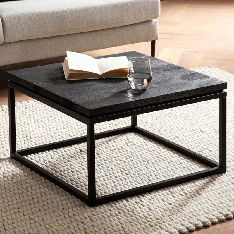 Couchtisch Mango Massivholz Metall Schwarz 60x60x35cm Modern Quadrat