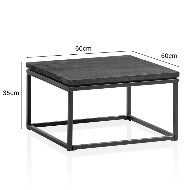 Couchtisch Mango Massivholz Metall Schwarz 60x60x35cm Modern Quadrat