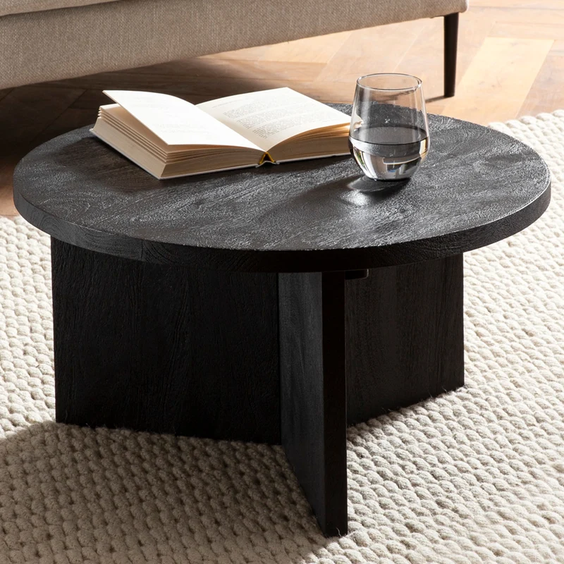 Couchtisch Mango Massivholz Rund 60x60x33cm Schwarz Modern Dreibein
