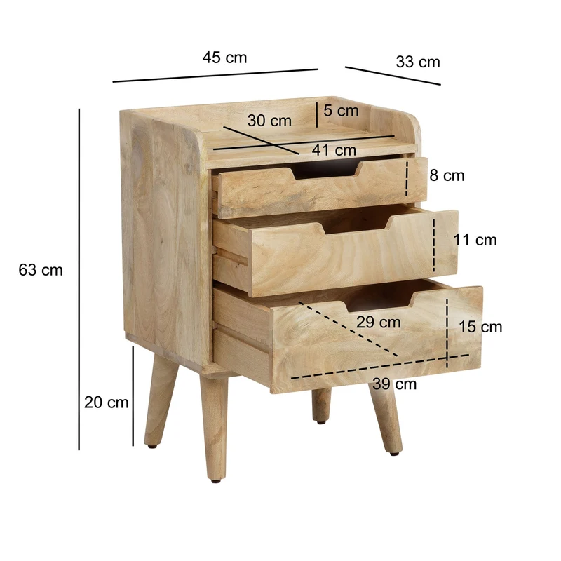 Nachttisch Mango Massivholz 3 Schubladen Hellbraun 45x33x63 cm