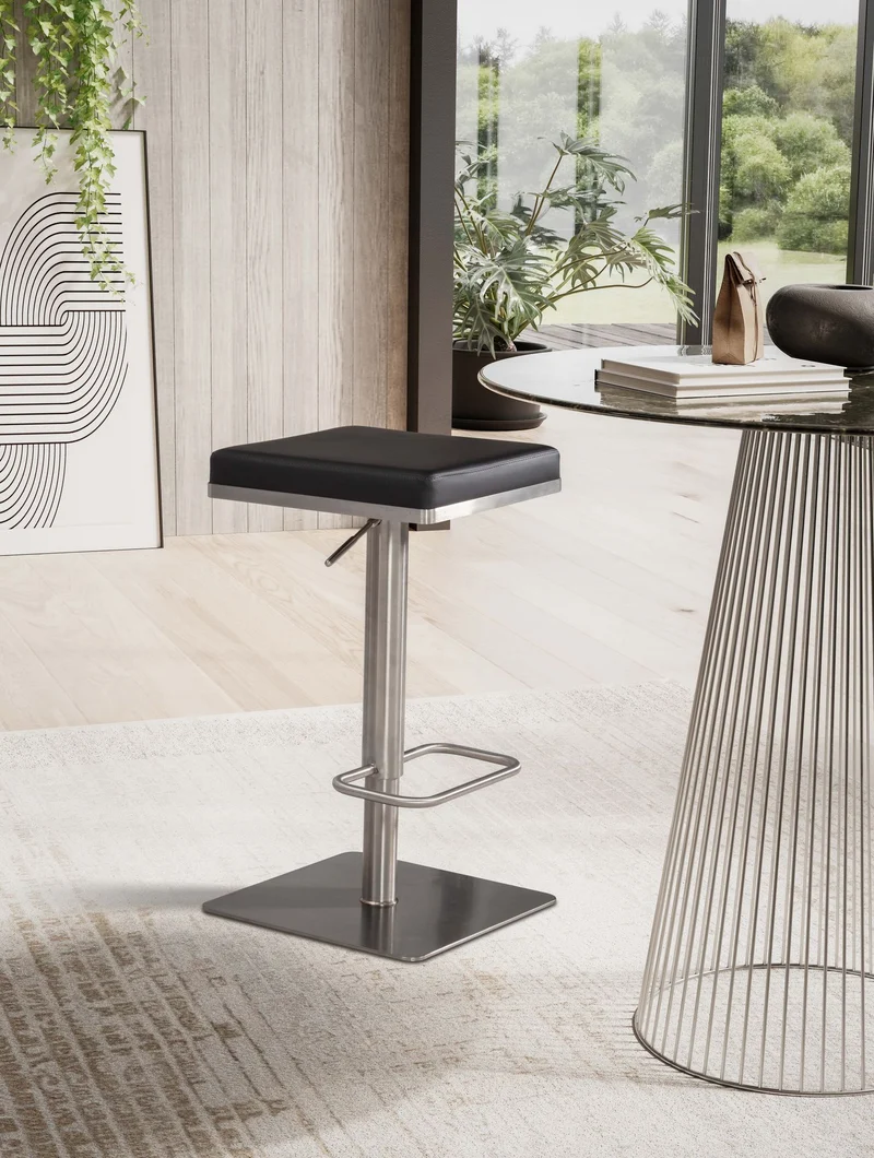 Barhocker Schwarz Kunstleder Edelstahl Drehbar Höhenverstellbar Modern