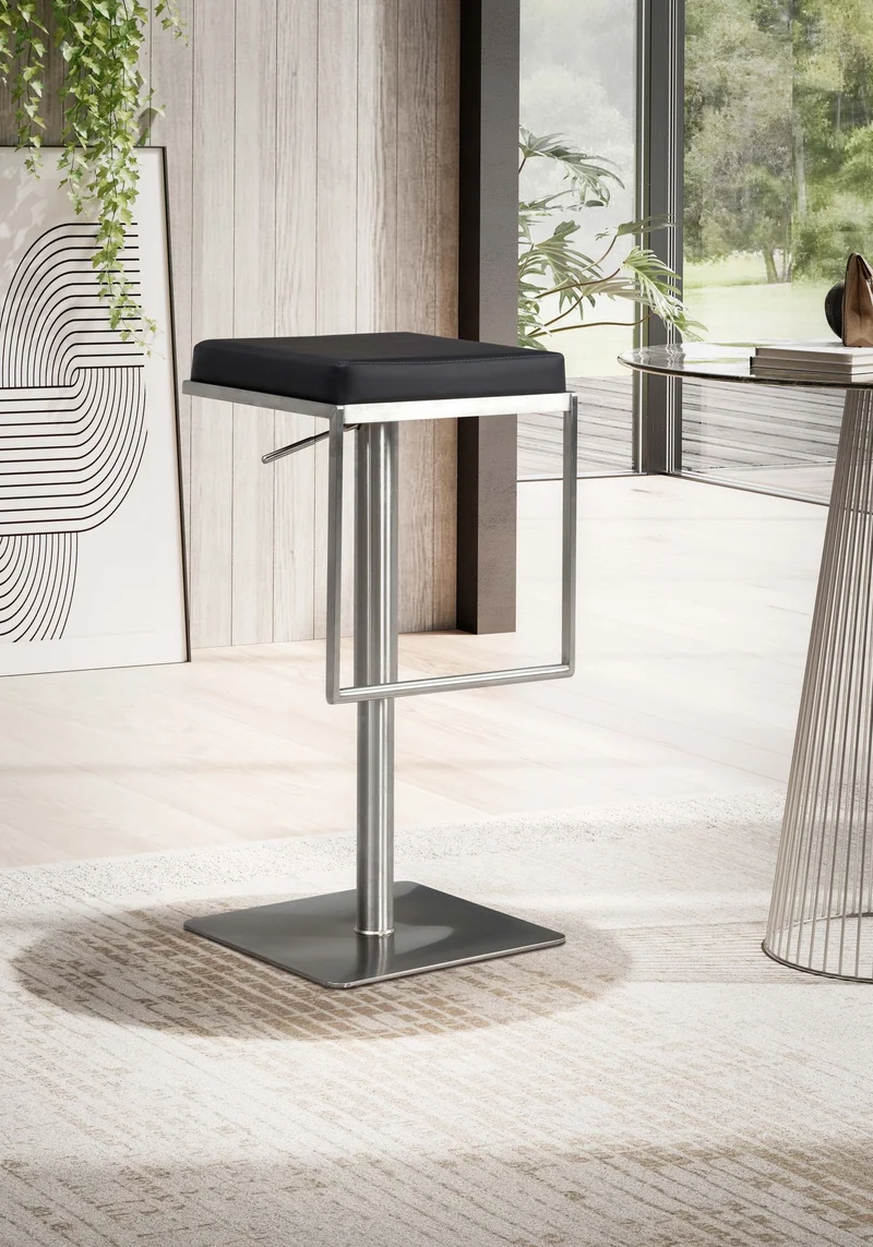 Barhocker Schwarz Kunstleder Edelstahl Drehbar Höhenverstellbar Modern