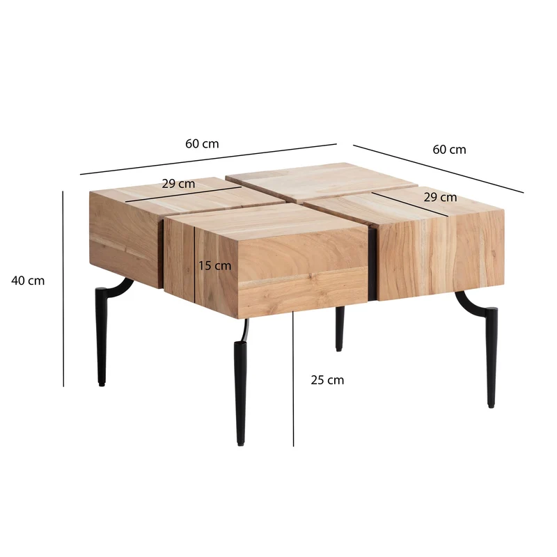 Couchtisch Akazie Massiv 60x60x40cm Metallgestell Würfelform Braun Schwarz