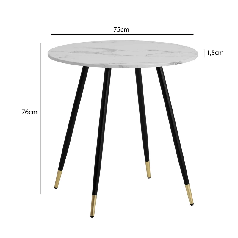 Esszimmertisch 75x75x76cm Marmor-Optik Weiß Metallbeine Rund Modern