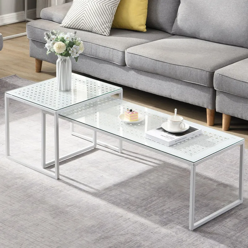 Satztisch Glas & Metall 2er-Set in Weiß, Couchtisch für Wohnzimmer