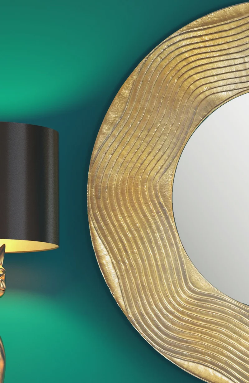 Wandspiegel Rund Gold 74 cm, Hängespiegel mit Wellenmuster-Rahmen