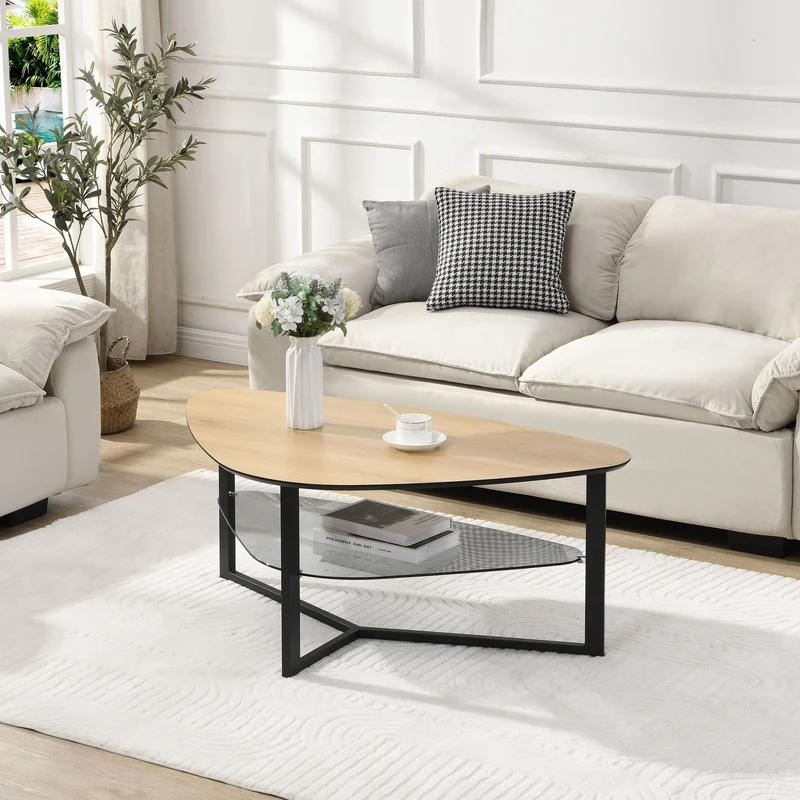 Couchtisch nierenförmig Eiche-Optik, Glasablage & Metallgestell 110 cm