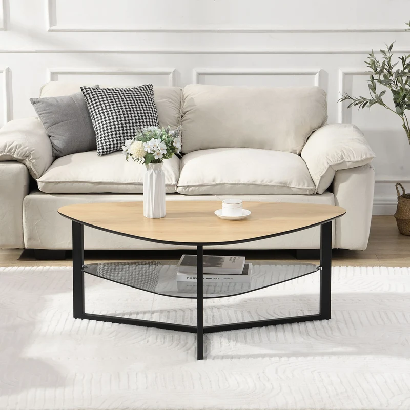 Couchtisch nierenförmig Eiche-Optik, Glasablage & Metallgestell 110 cm