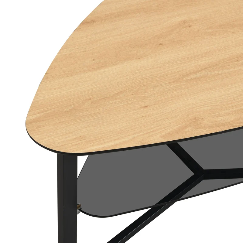 Couchtisch nierenförmig Eiche-Optik, Glasablage & Metallgestell 110 cm