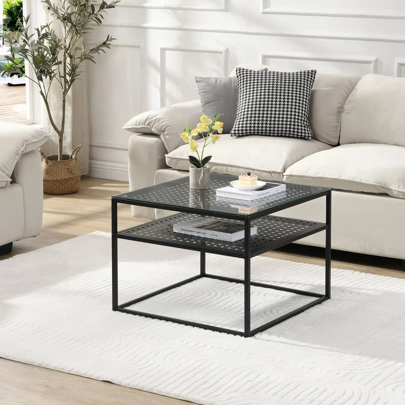 Couchtisch Glas Metall Schwarz 60x60x45 cm mit Ablage von Wohnling