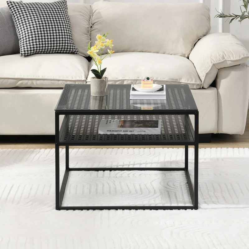 Couchtisch Glas Metall Schwarz 60x60x45 cm mit Ablage von Wohnling