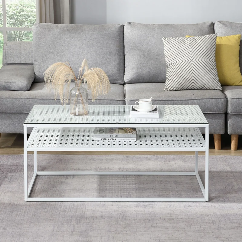 Couchtisch Glas Rechteckig 100 cm Weiß mit Ablage, Industrial-Design