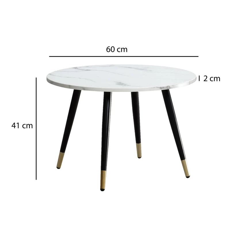 Couchtisch 60x60x41cm Marmoroptik Weiß Metallgestell Modern Rund