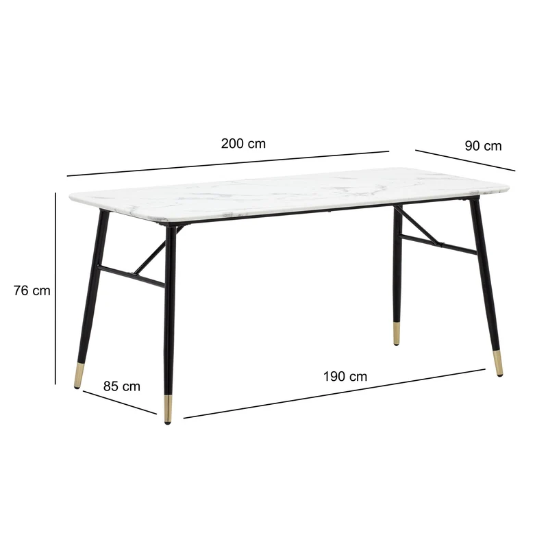 Esszimmertisch 200x90 Marmor-Optik Weiß Metallbeine Rechteckig Modern