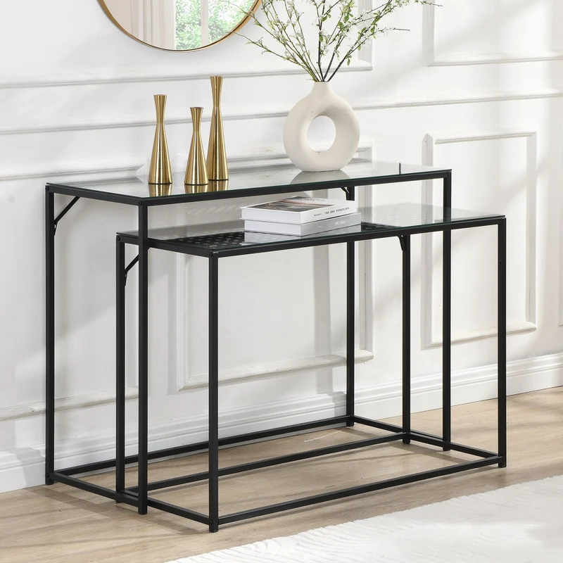 Konsolentisch-Set Schwarz mit Glasplatte im Industrial-Design