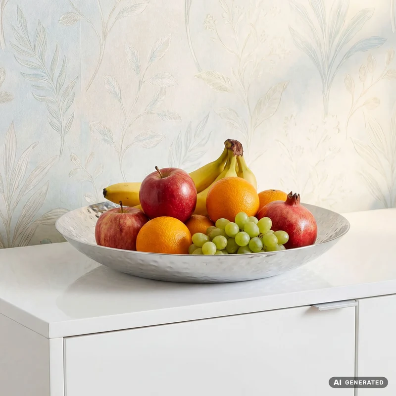 Obstschale Rund Silber aus Aluminium mit Hammerschlag-Optik, 36 cm Ø