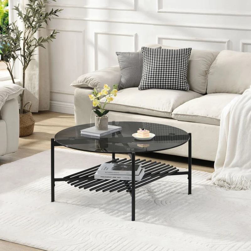 Couchtisch Rund 80 cm Glas & Metall Schwarz Wohnling Industrial Design