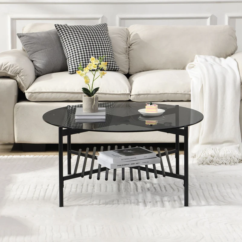 Couchtisch Rund 80 cm Glas & Metall Schwarz Wohnling Industrial Design