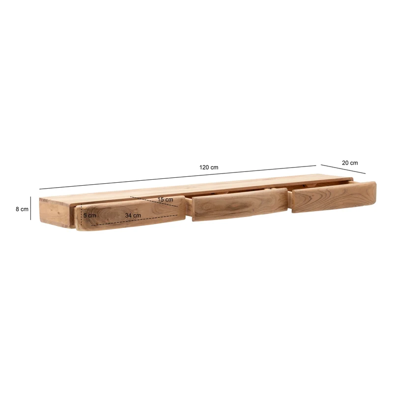 Wandregal Akazie 120 cm mit drei Schubladen, Massivholz-Hängeregal