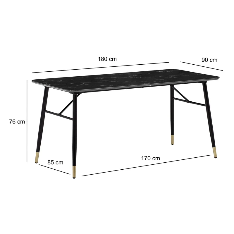 Esstisch 180x90 Marmor-Optik Schwarz Metallbeine Modern Rechteckig