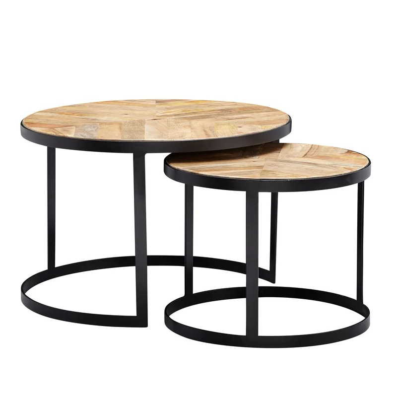 Couchtisch Set 2-teilig Rund Massivholz Metallbeine Schwarz Industrial