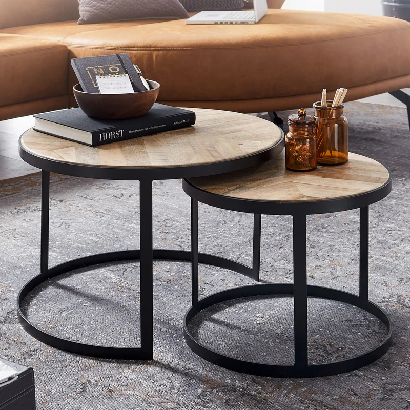 Couchtisch Set 2-teilig Rund Massivholz Metallbeine Schwarz Industrial