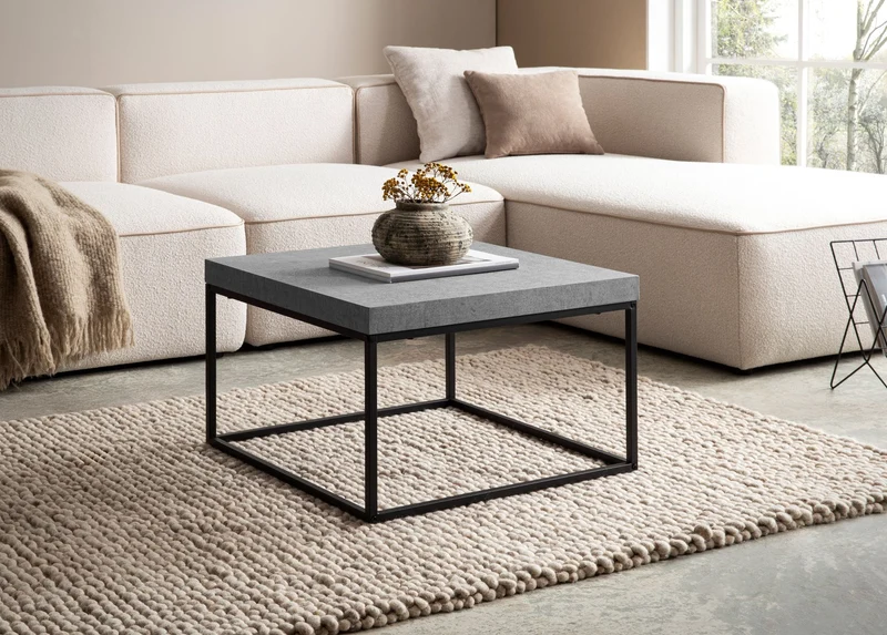 Couchtisch 60x60x38cm Beton-Optik Grau Metallbeine Modern Quadratisch