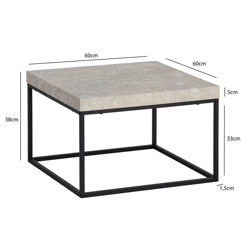 Couchtisch 60x60x38cm Stein-Optik Beige Metallbeine Modern Quadratisch