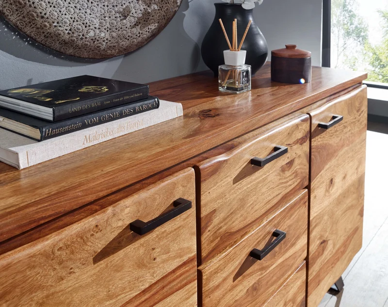 Sideboard 145x82x45cm Sheesham Massivholz Metall Baumkante Modern