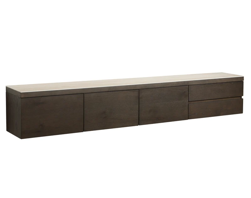 TV-Schrank Lachance in Eichenfurnier mit Travertin-Keramik, 220 cm