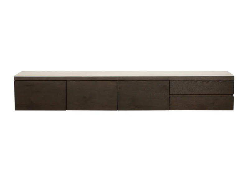 TV-Schrank Lachance in Eichenfurnier mit Travertin-Keramik, 220 cm