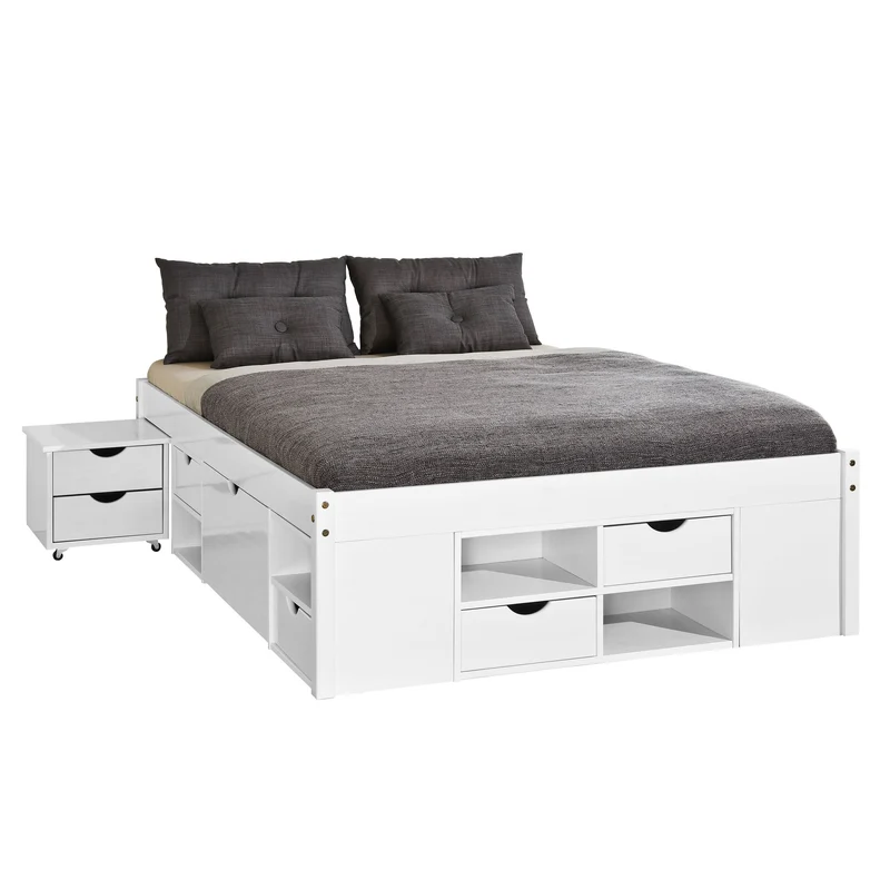 Funktionsbett TILL 160x200 aus Kiefer Massivholz mit Schubladen, Weiß