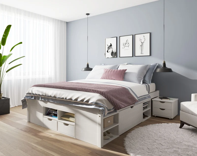 Funktionsbett TILL 160x200 aus Kiefer Massivholz mit Schubladen, Weiß