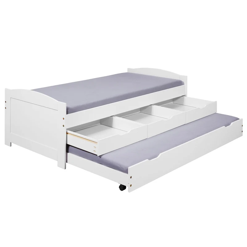 Funktionsbett Ulli 90x190 Kiefer Massivholz weiß mit 3 Schubladen