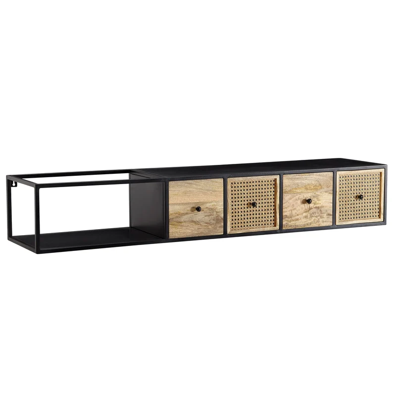 Lowboard Mango Massivholz Metall 150x25x35cm Schwarz Modern Wandmontage