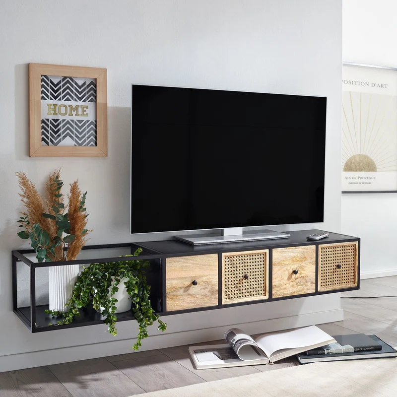 Lowboard Mango Massivholz Metall 150x25x35cm Schwarz Modern Wandmontage