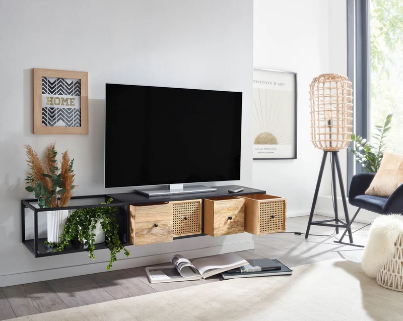 Lowboard Mango Massivholz Metall 150x25x35cm Schwarz Modern Wandmontage
