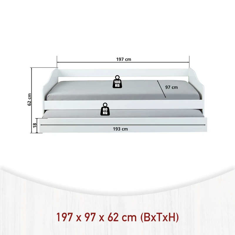 Funktionsbett Leonie 90x190 cm Massivholz Kiefer Weiß mit Ausziehbett