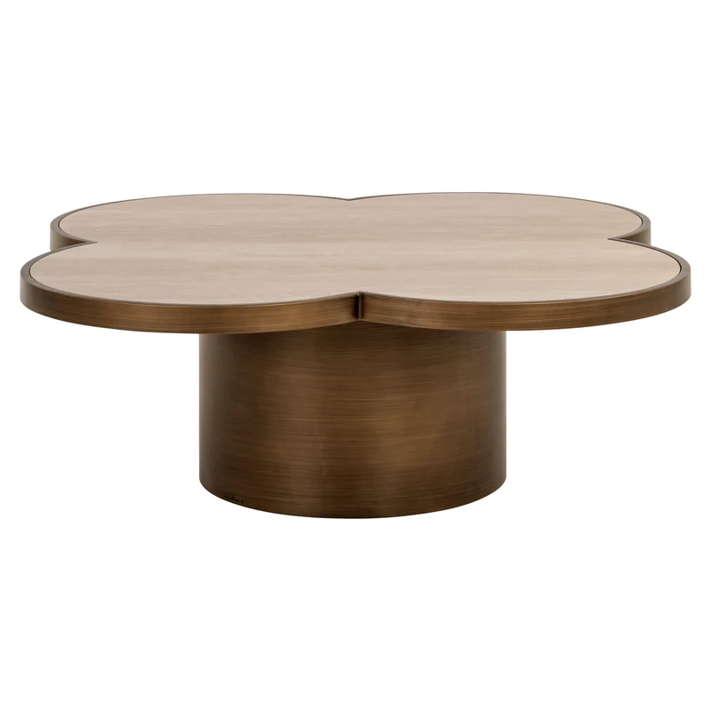 Couchtisch Clover Beige – Travertin-Optik, 120x120 cm, Eisen-Gestell