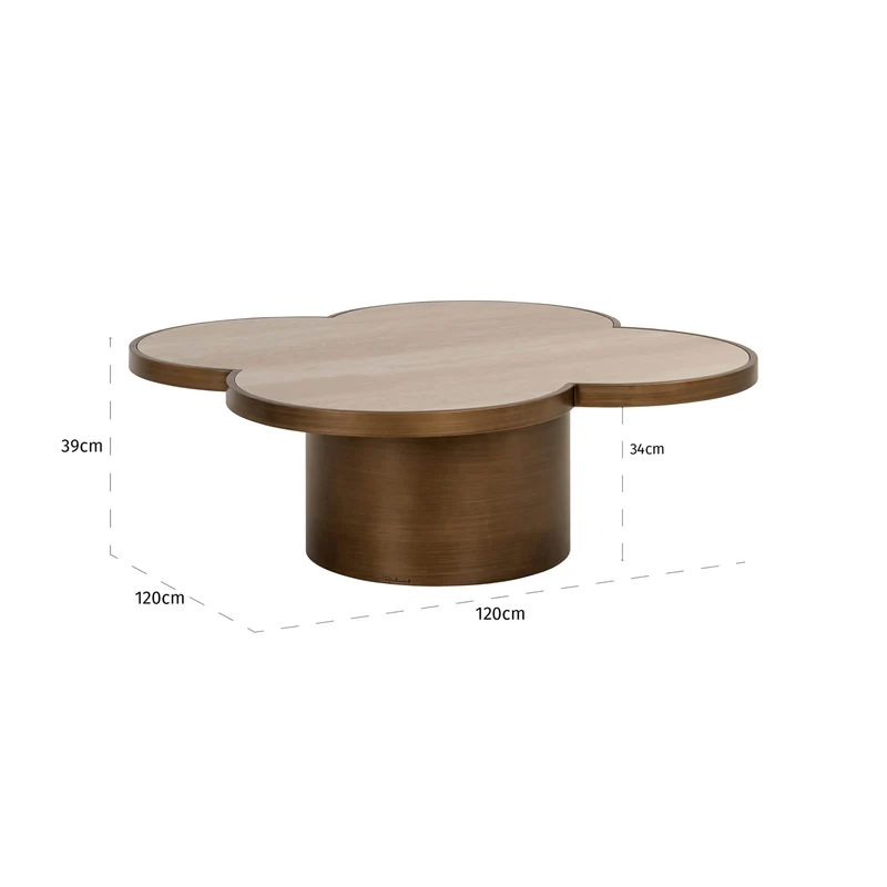 Couchtisch Clover Beige – Travertin-Optik, 120x120 cm, Eisen-Gestell