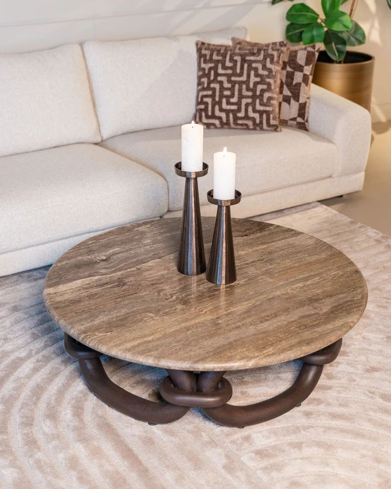 Runder Couchtisch Chainey ash brown aus Travertin & Mangoholz